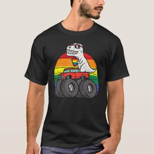 Trex Monster Truck Rainbow Gay Sunset Retro Lgbtq T-shirt (Voorkant)