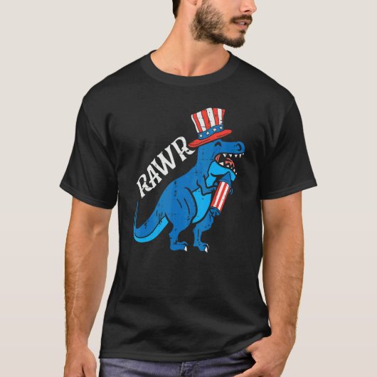 Trex Rawr vs vlag Pet Firecracker Dino 4 juli T-shirt (Voorkant)