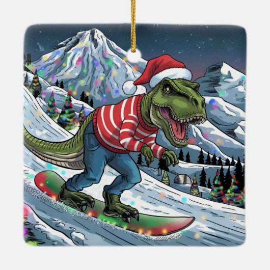 TRex snowboard op berg psychedelische kleuren Keramisch Ornament (Achterkant)