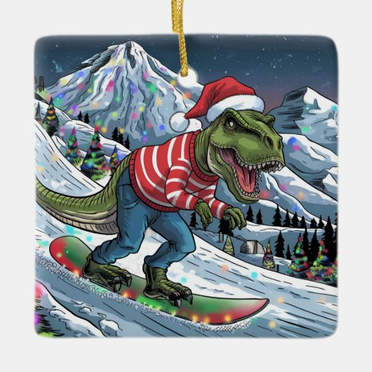 TRex snowboard op berg psychedelische kleuren Keramisch Ornament (Voorkant)