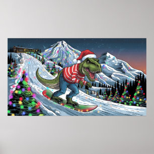 TRex snowboard op berg psychedelische kleuren Poster