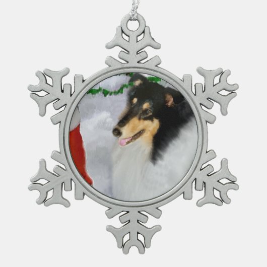 Tri Collie Kerstmis Tin Sneeuwvlok Ornament (Voorkant)