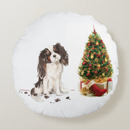 Tri-Color King Charles Spaniel Funny Kersthond Rond Kussen
