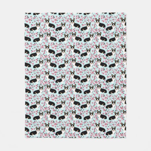 Tri Corgi Cherry Blossom - blauw Fleece Deken (Voorkant)
