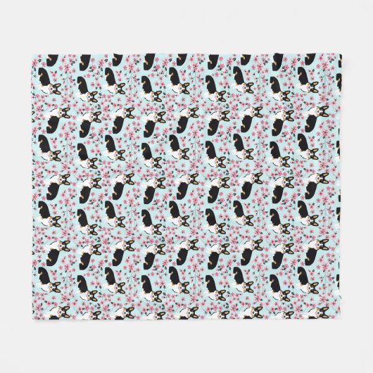 Tri Corgi Cherry Blossom - blauw Fleece Deken (Voorkant (Horizontaal))