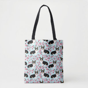 Tri Corgi Cherry Blossom - blauw Tote Bag