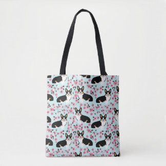 Tri Corgi Cherry Blossom - blauw Tote Bag