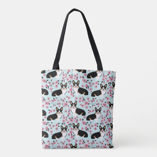 Tri Corgi Cherry Blossom - blauw Tote Bag (Achterkant)