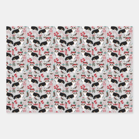 Tri Corgi Kerstfeestdag Inpakpapier Vel (Voorkant 2)