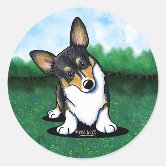 Tri Curious Corgi Classic ronde Sticker (Voorkant)