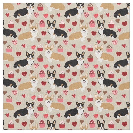 Tri en Red Corgi Valentijns Fabric Stof (Close Up)