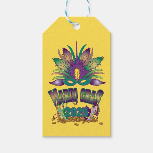 Tri-feather Mardi Gras Mask Label - 2025 Cadeaulabel (Voorkant)