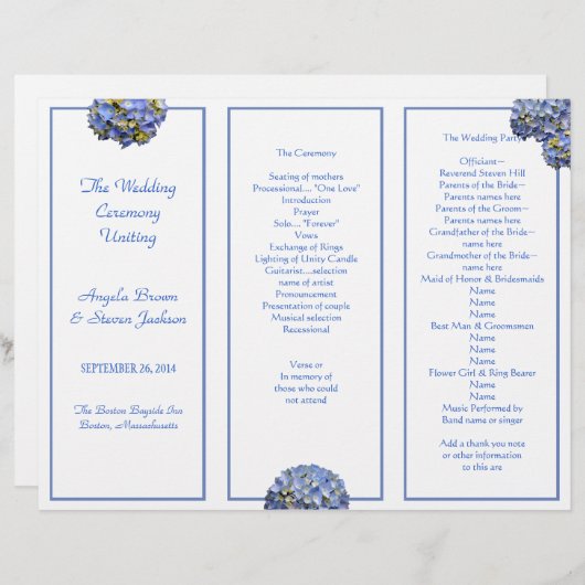 Tri-Fold Blue Wedding Ceremony-programma (Voorkant / Achterkant)