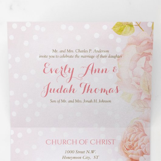 Tri-Fold Blush Roos in één bruiloft Drieluik Programma (Binnenzijde eerst)