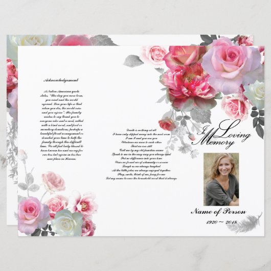 Tri-Fold Funeral Programme - Roze grijze Rozen (Voorkant / Achterkant)