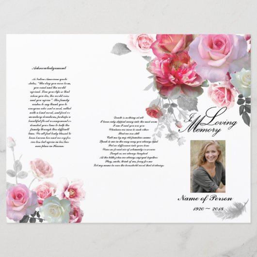 Tri-Fold Funeral Programme - Roze grijze Rozen (Voorkant)