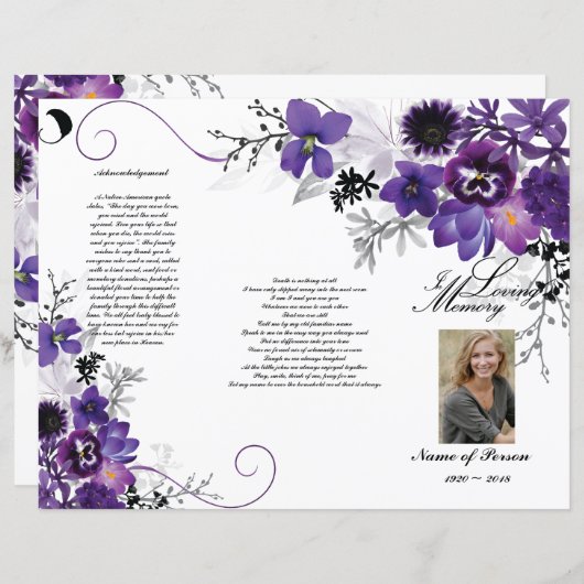 Tri-Fold Funeral Programme - Violet Grey Floral (Voorkant / Achterkant)