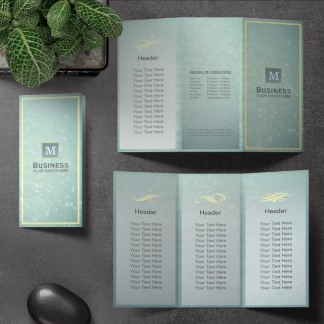 Tri-Fold Gold Blue Monogram Modern Salon Brochures (Creator heeft geüpload)