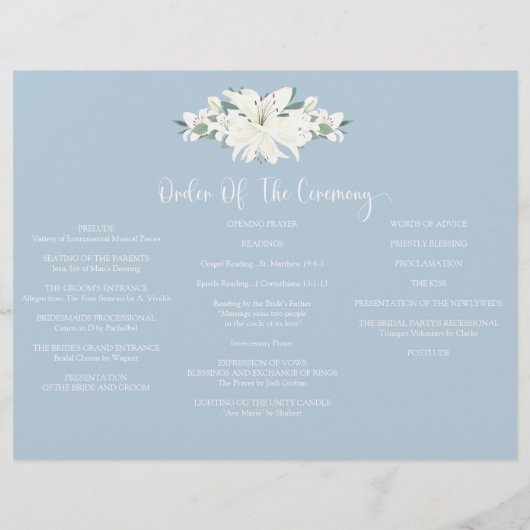 Tri-fold stoffige blauwe bloemenbruiloft programma flyer (Achterkant)