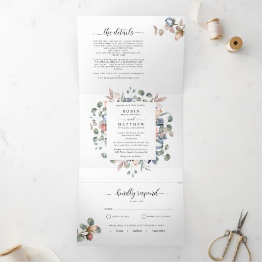 Tri-Fold Uitnodiging met RSVP "Blissful" Wedding (Binnen)