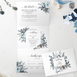 Tri-Fold Uitnodiging met RSVP Blue Floral Wedding