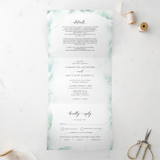 Tri-Fold Uitnodiging met RSVP Waterverf Wedding (Binnen)