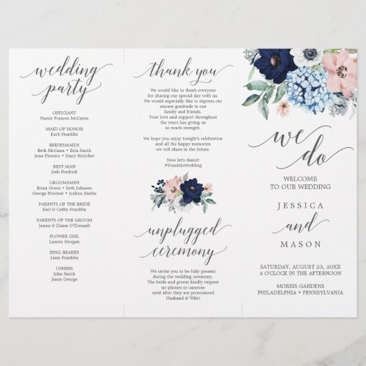 Tri-Fold Wedding-programma bij Navy Blooms Flyer (Voorkant)