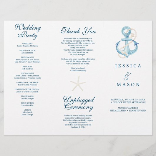 Tri-Fold Wedding Programme voor de Nautical Navy Flyer (Voorkant)