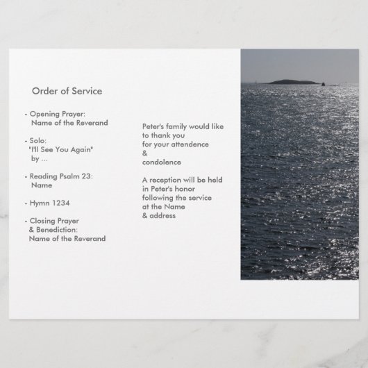 Tri-fold zeelandschap rouwdienst programmabrochure (Achterkant)
