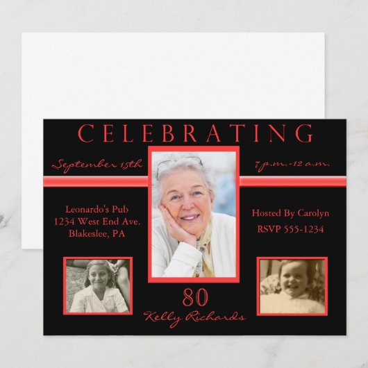 Tri Foto's van 80e verjaardag Rood & Bl Kaart (Voorkant / Achterkant)