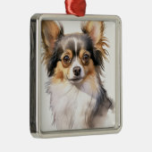 TRI GEKLEURDE LANGHARIGE CHIHUAHUA PUPPY DOG METALEN ORNAMENT (Rechts)