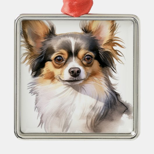 TRI GEKLEURDE LANGHARIGE CHIHUAHUA PUPPY DOG METALEN ORNAMENT (Voorkant)