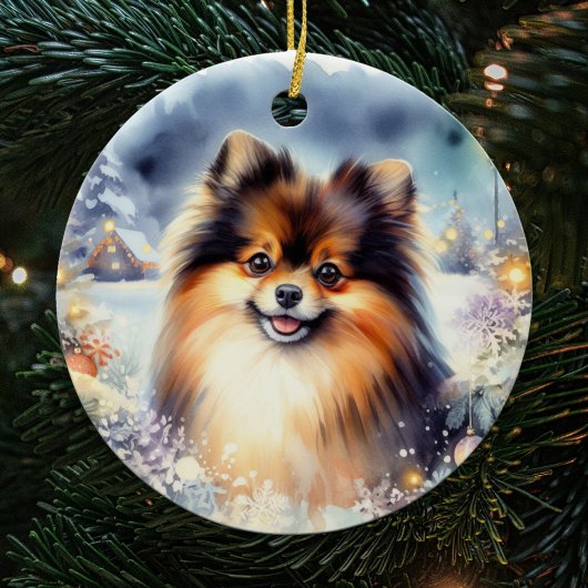Tri gekleurde Pommerse Hond Waterverf Kerstmis Keramisch Ornament
