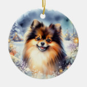 Tri gekleurde Pommerse Hond Waterverf Kerstmis Keramisch Ornament (Voorkant)