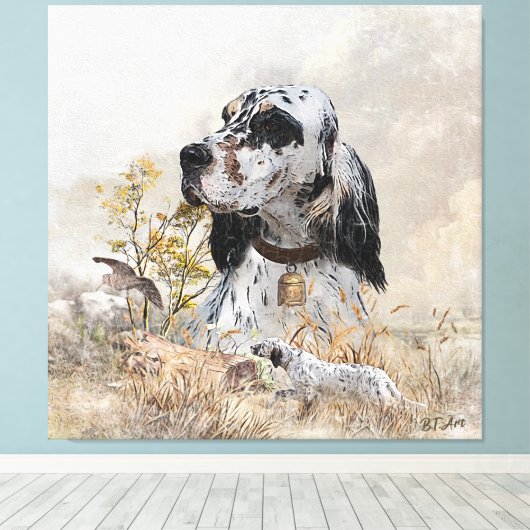 Tri Kleur Engels Setter Art, houtsnip jacht Canvas Afdruk (Insitu (Houten vloer))