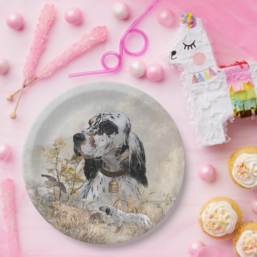 Tri Kleur Engels Setter Art, houtsnip jacht Papieren Bordje (Feest)