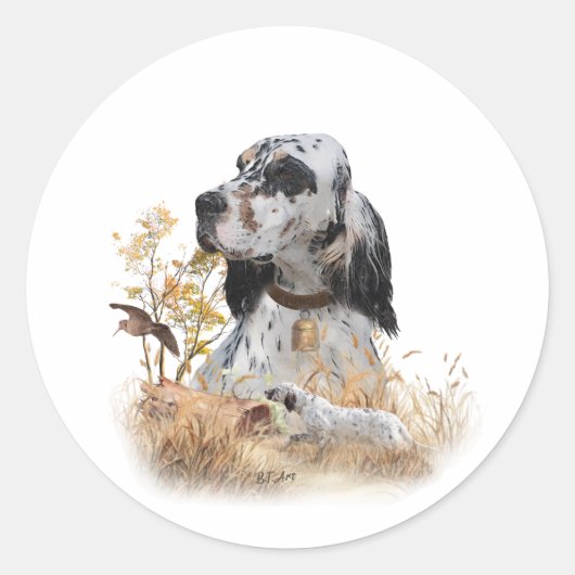 Tri Kleur Engels Setter Art, houtsnip jacht Ronde Sticker (Voorkant)