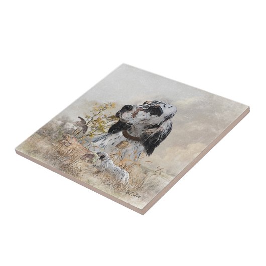 Tri Kleur Engels Setter Art, houtsnip jacht Tegeltje (Zijkant)