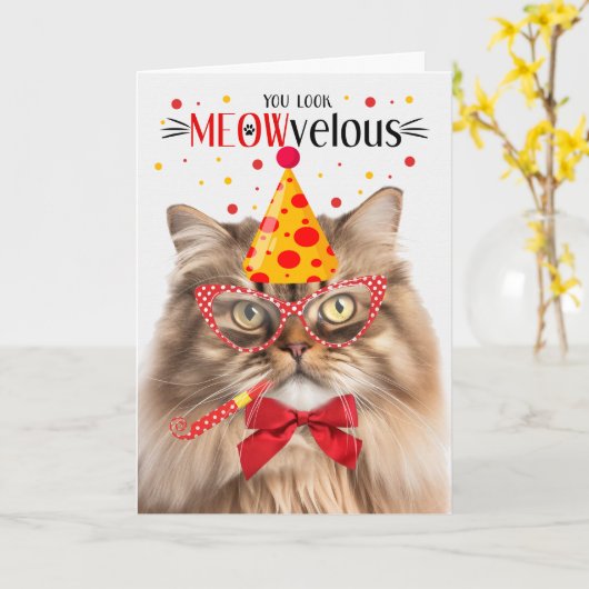 Tri Kleur Perzische Kat MEOWvelous Verjaardag Kaart (Gele Bloem)