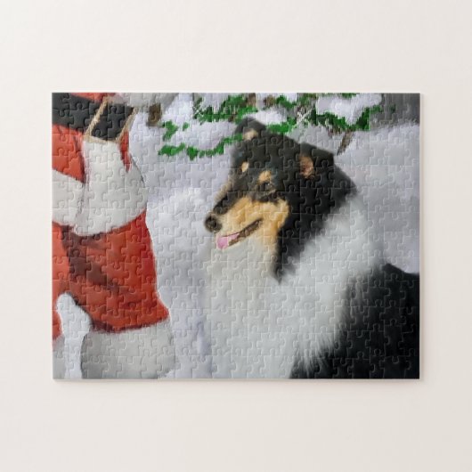 Tri Kleur Ruw Collie Met Kerstmis Legpuzzel (Horizontaal)