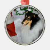 Tri Kleur Ruw Collie Met Kerstmis Metalen Ornament (Voorkant)