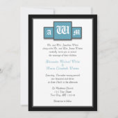 Tri-Monogram Blue Modern Wedding Invitations Kaart (Voorkant)