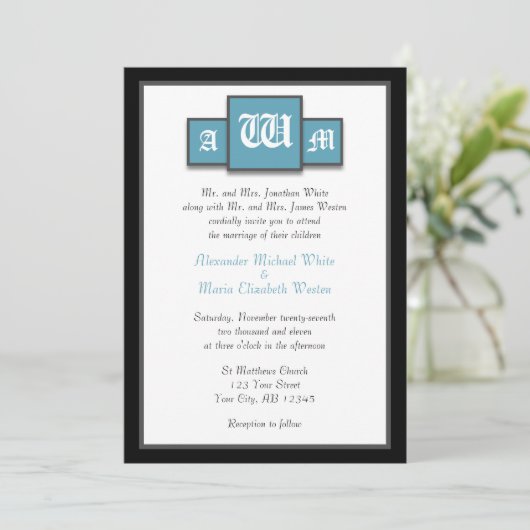 Tri-Monogram Blue Modern Wedding Invitations Kaart (Staand voorkant)