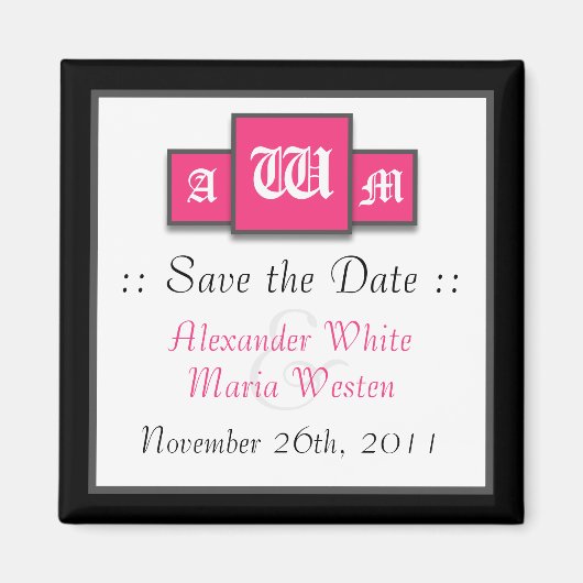 Tri-Monogram Fuchsia Modern Save the Date Magnets Magneet (Voorkant)