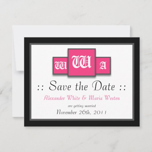 Tri-Monogram Fuchsia Moderne Trouwkaart Save the D Kaart (Voorkant)