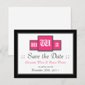 Tri-Monogram Fuchsia Moderne Trouwkaart Save the D Kaart (Voorkant / Achterkant)