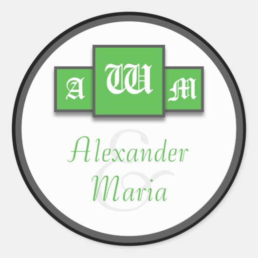 Tri-Monogram Green Modern Wedding Stickers/Seals Ronde Sticker (Voorkant)