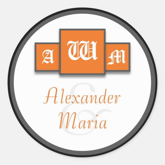 Tri-Monogram Oranje Modern Wedding Stickers/Seals Ronde Sticker (Voorkant)