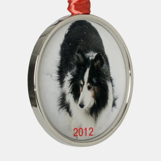 Tri Sheltie in Snow Sjabloon Metalen Ornament (Rechts)