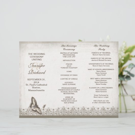 Tri-voudig elegant vintage bruiloftprogramma's (Staand voorkant)